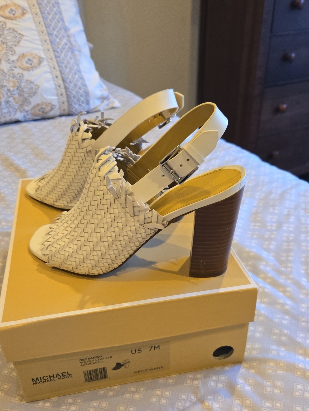 Michael Kors White Woven Slingback Block Heel Sandals